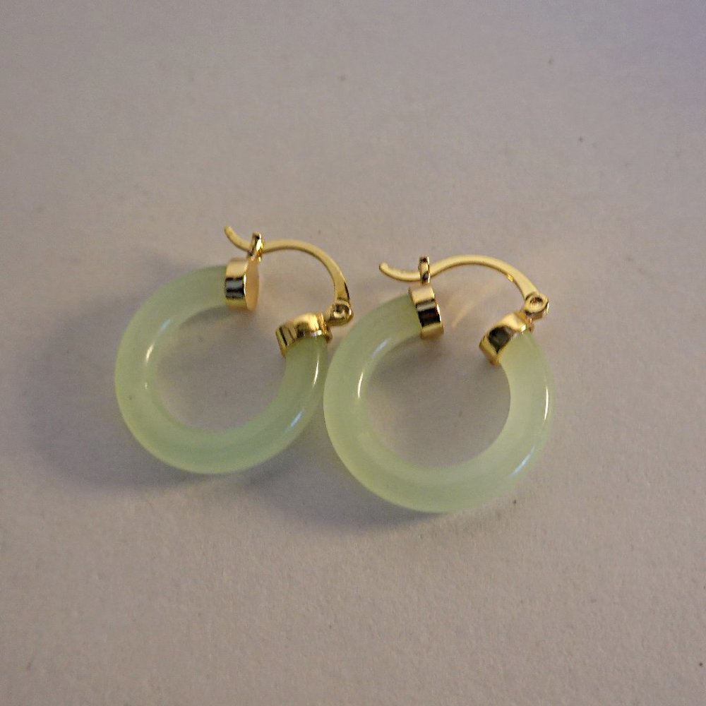 Chinese Green Jade Hoop Gold Filled Earrings